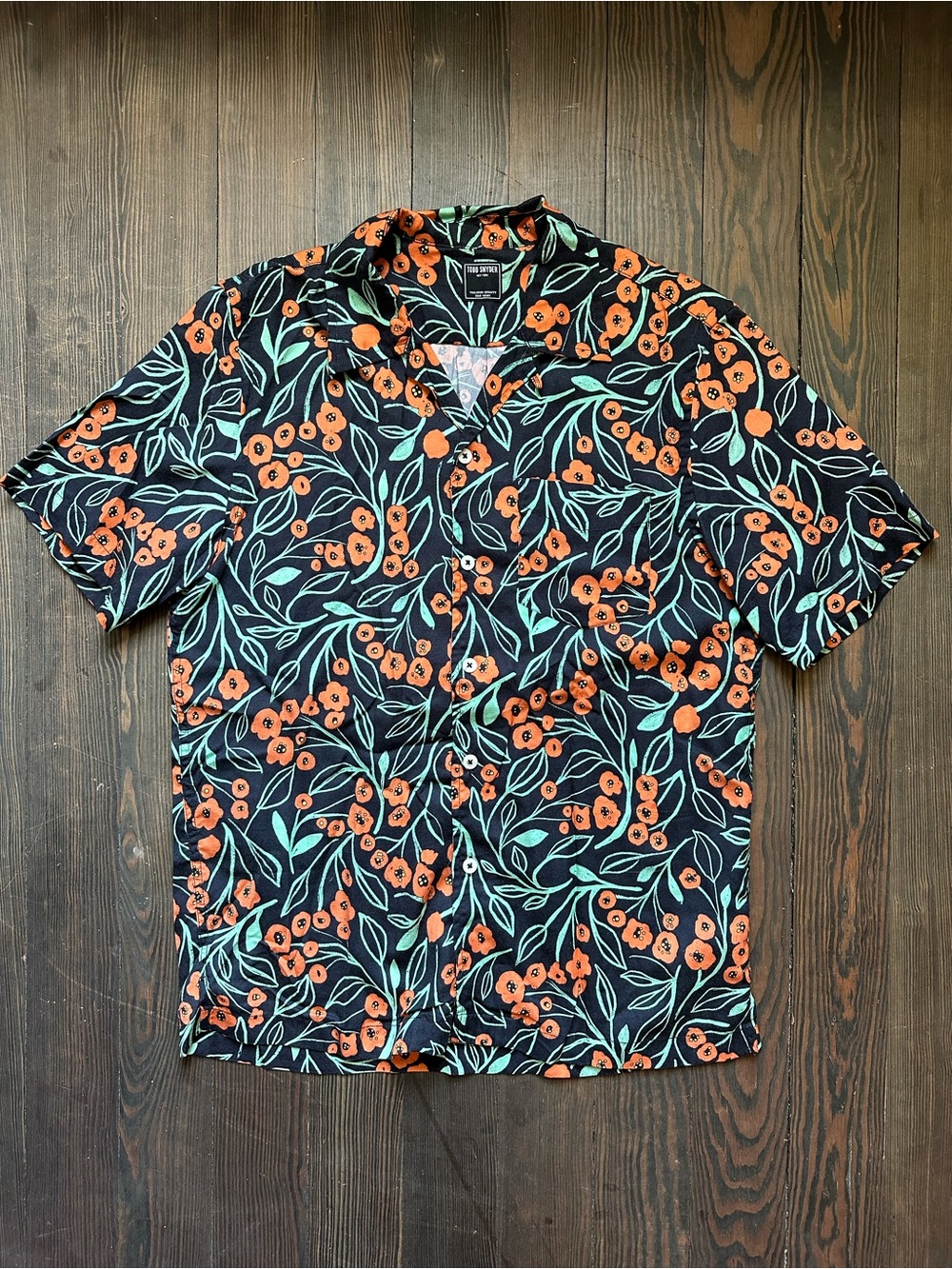 Todd Snyder Black Floral Short-Sleeve Button-Down Shirt with Orange Blossoms